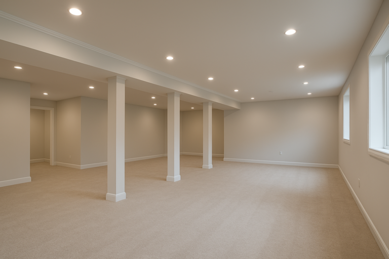 "Spacious finished basement with recessed lighting, soft carpeting, white support columns, and neutral-colored walls in an open layout."